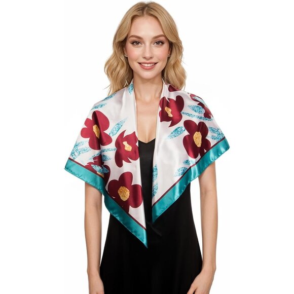 Women's Wine Red Head Scarf Like Silk Printed Square Hair Bandanas 35 Inches - Picture 4 of 7